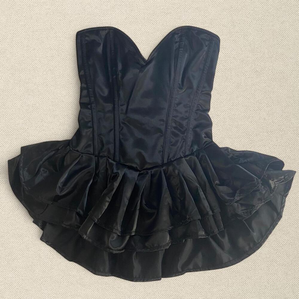 BNWT Black Corset Ruffle Dress sz L Adjustable Boned Satin Daisy Corsets